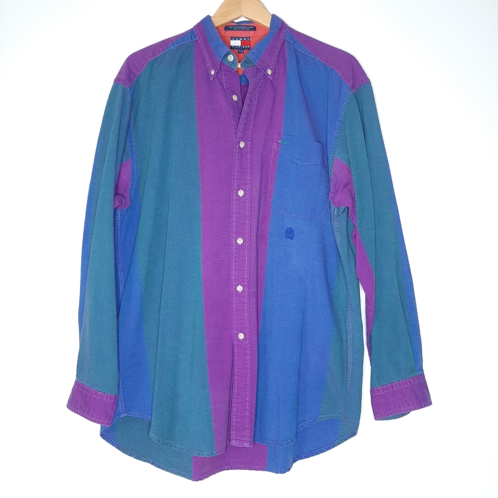 Tommy Hilfiger Vintage Button Front Colorblock Shirt Size Large